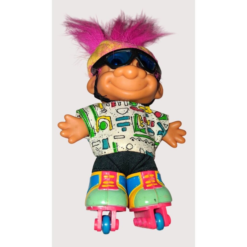 Russ Troll Doll With Pink Hair & Roller Skates 1990s Vintage 5" Retro Style Shir
